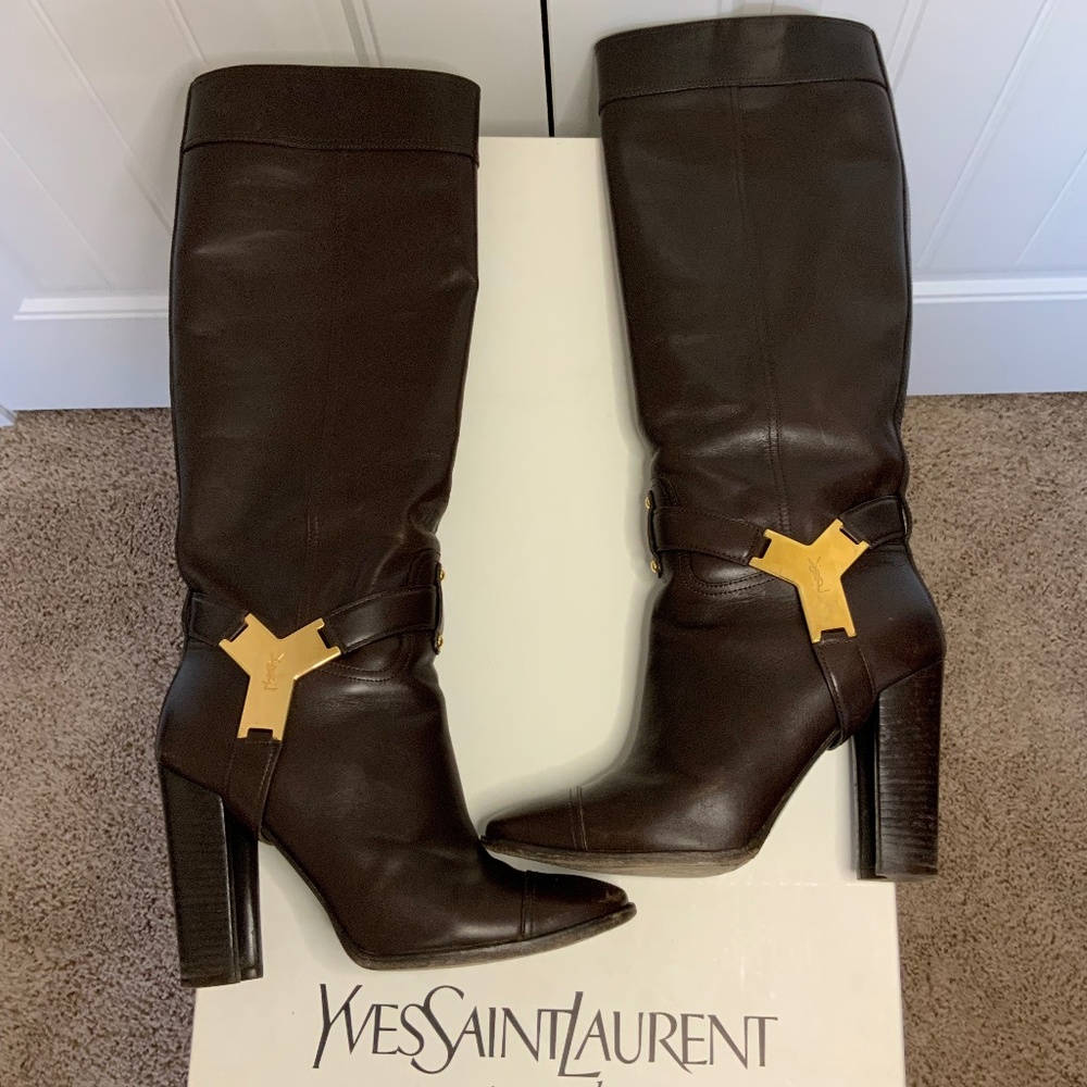 Yves Saint Laurent Dark Brown Heeled Boots with Gold Details